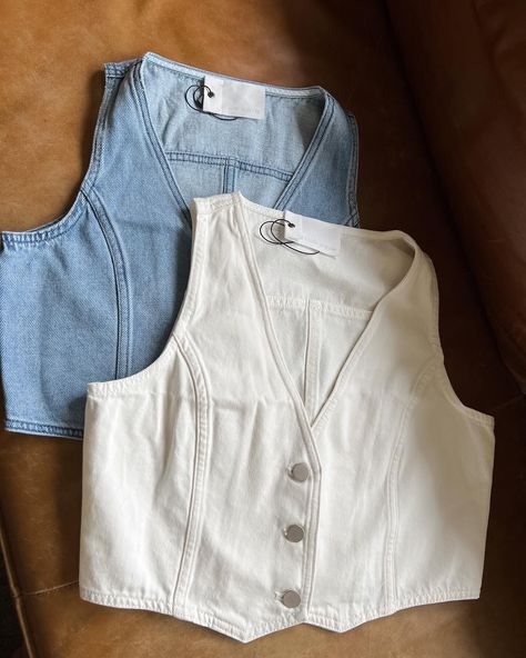 The Denim Vest available in white and denim💙 White And Denim, Closet Clothing, April 3, Clothes Closet, Clothing Boutique, Swim Top, Denim Vest, Boutique Clothing, Lounge Wear