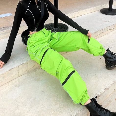 Neon Green Cargo Pants with Reflective Stripes - #fashion #neon #cargopants #pants #streetwear #trousers Neon Green Cargo Pants, Neon Green Outfits, Green Cargo Pants Outfit, Streetwear Trousers, Neon Outfits, Pants Streetwear, Aesthetic Grunge Outfit, Cargo Pants Outfit, Green Cargo Pants