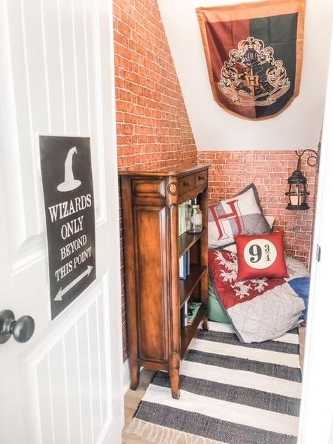 We decided to create a reading space for the kid's under the stairs! We love Harry Potter so we decided that would be our theme! You can find all of the products linked at fiddleandolive.blogspot.com. #harrypotter #readingnook #playroom #cupboardunderthestairs #reading Harry Potter Cupboard Under The Stairs Diy, Airbnb Theme Room Ideas, Under The Stairs Playroom Harry Potter, Harry Potter Playroom Ideas, Cupboard Under Stairs Ideas Harry Potter, Cupboard Playroom, Harry Potter Closet Under The Stairs, Harry Potter Reading Nook, Harry Potter Playroom