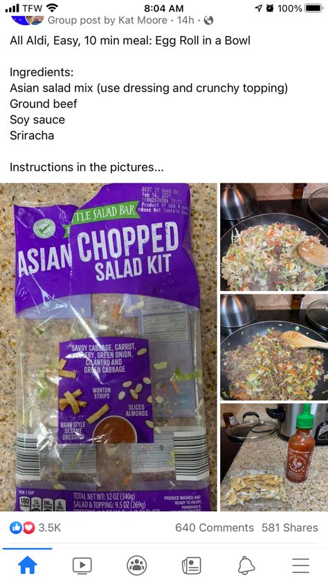 Aldi asian chopped salad, ground beed, soy sauce Ww Supper Ideas, Aldi Weight Watchers, Aldi Dinner Ideas, Aldi Meals, Asian Chopped Salad, Aldi Meal Plan, Aldi Recipes, Egg Roll In A Bowl, Cook Meals