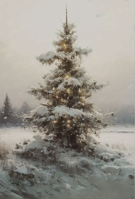 Christmas Night Painting, Winter Trees Painting, Oil Painting Christmas, Vintage White Christmas, Realistic Christmas Trees, Winter Christmas Scenes, Oil Painting Background, Oil Painting Inspiration, Winter Illustration