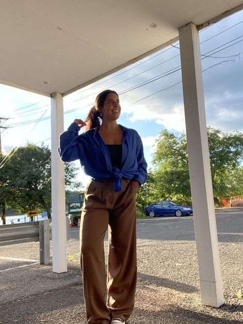 Tan Pants Blue Top Outfit, Silk Brown Pants Outfit, Dark Brown And Blue Outfit, Tan Button Up Outfit, Brown Pants Blue Top, Royal Blue Button Down Shirt Outfit, Royal Blue And Brown Outfit, Blue And Brown Outfit Aesthetic, Baby Blue And Brown Outfit