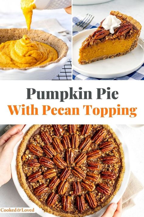 Healthy Pumpkin Pie With Pecan Crust & Topping Gluten Free Pumpkin Pecan Pie, Pie With Pecan Crust, Pecan Praline Topping, Pecan Pumpkin Pie, Frozen Pumpkin Pie, Healthy Pumpkin Pie, Pecan Pumpkin, Pecan Pie Crust, Paleo Pumpkin Pie