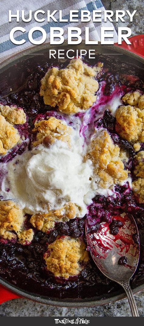 Switch up your cobbler this summer with a bright, floral huckleberry filling. Huckleberry Cobbler, Huckleberry Desserts, Peach And Blueberry Cobbler, Dutch Oven Cobbler, Huckleberry Ice Cream, Huckleberry Recipes, Sourdough Blueberry, Fried Quinoa, Cobbler Recipes Easy