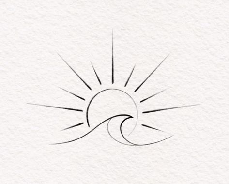 Sea And Sun Tattoo Ideas, Sunrise And Wave Tattoo, Coastal Fine Line Tattoo, Fine Line Sun And Ocean Tattoo, Sunrise Over Ocean Tattoo, Sun And Sea Tattoo Minimalist, Beach Sunrise Tattoo Ideas, Sunset On Water Tattoo, Sunrise Ocean Tattoo