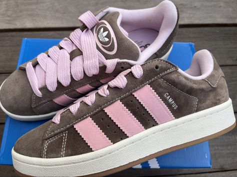 Pink And Brown Adidas Campus, Chocolate To My Strawberry Adidas Outfit, Pink And Brown Sneakers, Brown And Pink Campus 00s, Adidas Campus Brown Pink, Adidas Campus 00s Brown And Pink, Brown And Pink Adidas, Pink And Brown Adidas, Pink And Brown Shoes