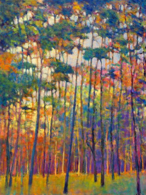 Grateful Notices: Glittering Forest, oil on canvas, 48 x 36 inches American Impressionism, Paintings Oil, Artful Home, Colorful Landscape, Pastel Art, Oil Painting Landscape, Tree Art, Tree Painting, Painting Projects