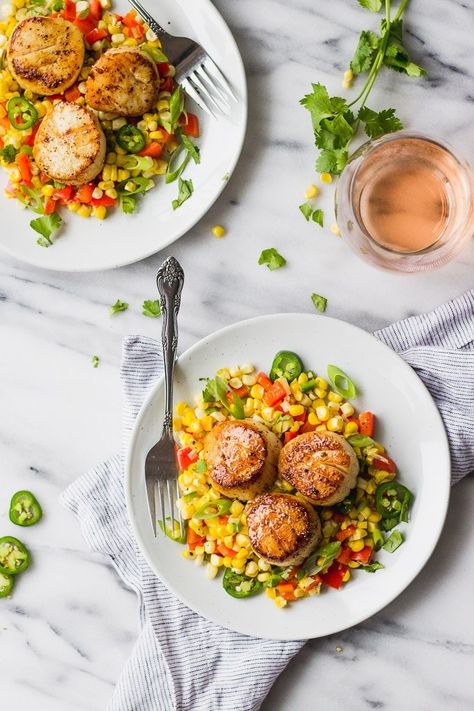 Seared Scallops on Warm Corn Salad - An incredibly easy summer dinner; melt-in-your-mouth scallops, and a five ingredient warm corn salad made with fresh summer produce! | Fork in the Kitchen #summer #recipe #scallops #glutenfree Easy Summer Dinner, Grilled Scallops, Summer Dinner Ideas, Easy Summer Dinners, Summer Dinner Recipes, Seared Scallops, Fruit Salad Recipe, Summer Veggies, Scallop Recipes