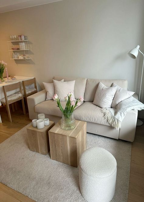 🤍🌸💞#apartment #beige #flowers #interior #smallhome #decor #DecorTips #Infuse #HouseGoals #Space #Feminine #with #Charm #Girly #Your #Decor #Apartment #Ideas #DecorInspiration #InteriorDesign Small Apartment Decorating Neutral, White And Wood Apartment Decor, Apartment Beige Aesthetic, Clean Girl Home Decor, Beige Couch Apartment, Clean Girl Living Room Aesthetic, Beige Home Interiors, Neutral Apartment Aesthetic With Pops Of Color, Small Living Room Decor On A Budget