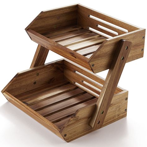 PRICES MAY VARY. ✔️ 2-TIER FRUIT AND VEGETABLE BASKET: Standing at 10.5” tall, this two-tier breathable structure is ideal for keeping fruits and vegetables fresh. Optimized airflow is the key to delicious produce! ✔️ CRAFTED WITH DURABLE ACACIA: Unlike bamboo structures, this premium acacia fruit basket is sturdy, resistant to deformation, and designed to prevent warping. Choose this fruit bowl for lasting use! ✔️ SPACIOUS HOME STORAGE DISPLAY: Each level of this large wooden fruit basket can h Tiered Fruit Basket, Kitchen Countertop Organization, Bamboo Structure, Fruit Stand, Bread Storage, Countertop Organizer, Fruit Shop, Kitchen Baskets, Wooden Basket