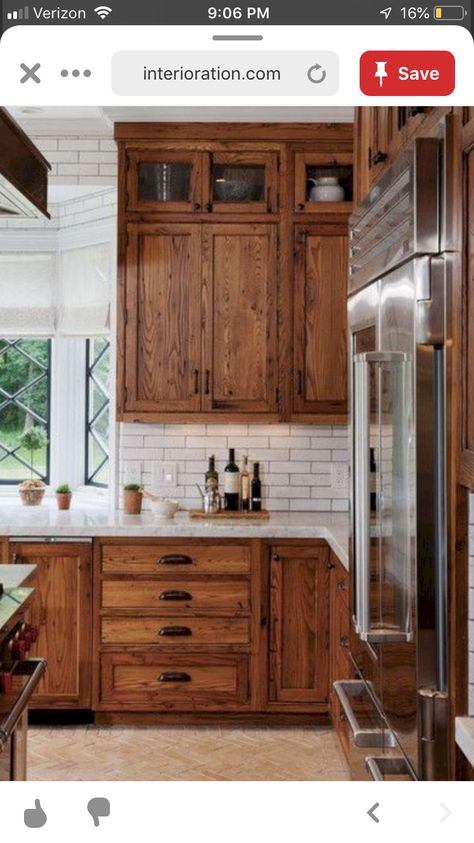 Solid Oak Cabinets Kitchens, Country Kitchen Brown Cabinets, Timeless Wood Cabinets, Wood Cabinets Bronze Hardware, Walnut Stained Oak Cabinets, Kitchen Design Walnut Cabinets, Boho Kitchen Oak Cabinets, Kitchens With Stained Wood Cabinets, Redwood Kitchen Cabinets