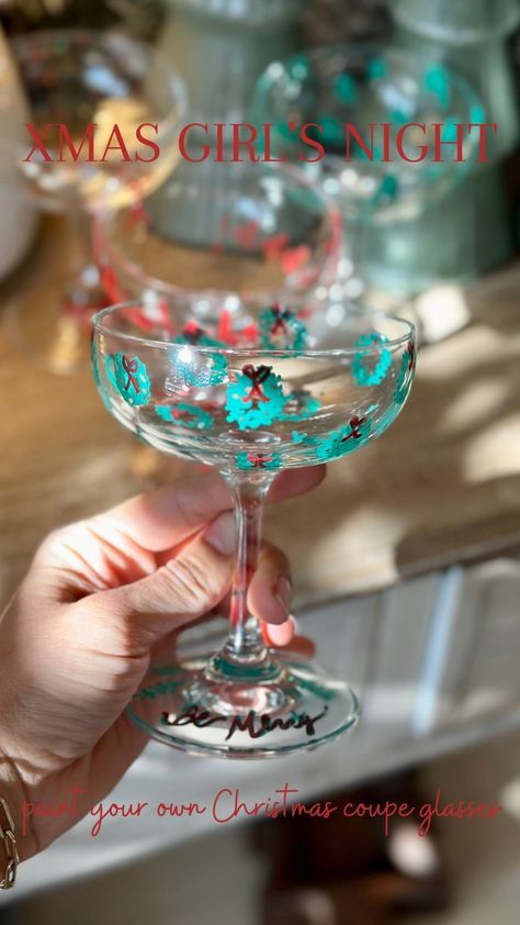 Paint your own cocktail or wine glass girl’s night 🍸 Affiliate links below, how-to at the bottom. Paint pens: https://amzn.to/47rm3pv… | Instagram Christmas Craft Girls Night, Primitive Ceramics, Painted Wine Glasses Christmas, Ceramics Vases, Diy Wine Glasses Painted, Christmas Wine Glasses, Night Christmas, Wine Glass Crafts, Painted Glasses