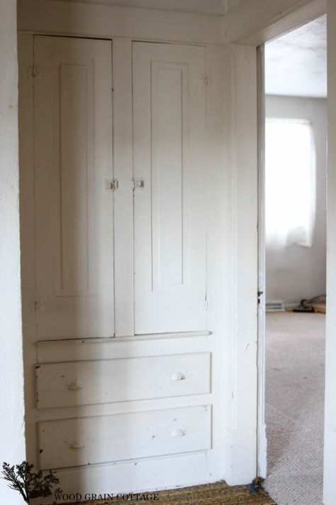 old built in - could be used as a linen closet End Of Hallway Linen Closet, Hall Linen Closet Built Ins, Small Built In Linen Closet, Linen Closet Next To Toilet, Build In Linen Closet, Vintage Linen Closet, Old Linen Closet Makeover, Antique Built Ins, Built In Cabinet Makeover