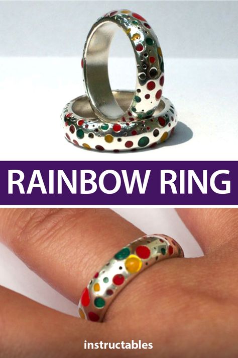 This hringpoki ring has circles cut into the surface allowing the areas to be filled with colored resin. #Instructables #jewelry #rainbow #colorful #Icelandic #3Ddesign Silver Casting, Trip To Iceland, Rainbow Ring, Rainbow Rings, Make Your Own Jewelry, Diy Rings, My Last, Live Life, Iceland