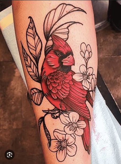 Red Bird With Flowers Tattoo, Cardinal On Dogwood Branch Tattoo, Unique Cardinal Tattoo, Redbird Tattoo Cardinals, Cardinal Dogwood Tattoo, Owl And Cardinal Tattoo, Tree And Cardinal Tattoo, Red Cardinal Memorial Tattoo, Cardinal Sleeve Tattoos For Women