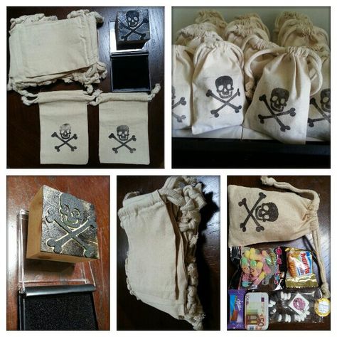 Pirate Loot Bag ~~~ DIY pirate loot bags made from wholesaler muslin pouches, stamped with DIY pirate skull stamp made of foam sheet glued to a piece of wood & filled chocolate & candy. Pirate Loot Bags, Halloween Pirates, Diy Pirate, Pirates Party, Halloween Candy Bags, 1st Birthday Themes, Pirate Treasure, Loot Bags, Pirate Birthday