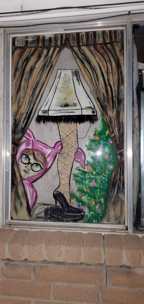 Christmas Story Leg Lamp Painting, Funny Christmas Window Painting, Acrylic Window Painting, Painting For Christmas, Painting Windows, Story Painting, Christmas Story Leg Lamp, Christmas Window Decoration, Xmas Window