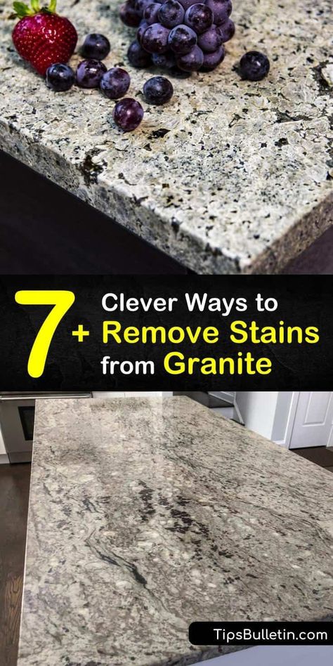 Gather your favorite household cleaning products like baking soda, plastic wrap, and paper towel and use them to create homemade stain removal products and sealant that tackle tough water stains… More Baking Powder For Cleaning, Cleaning Granite Countertops, Red Wine Stain Removal, Granite Cleaner, Remove Water Stains, How To Clean Granite, Remove Oil Stains, Wine Stains, Granite Countertop