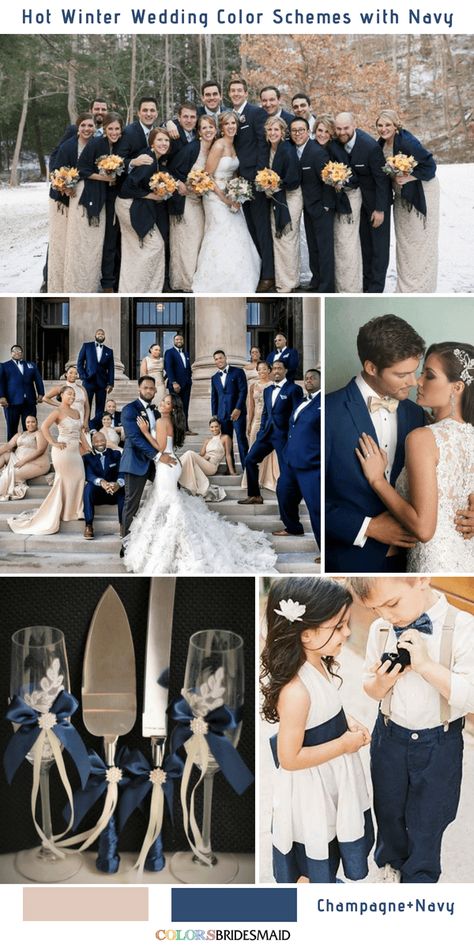 Navy Blue Winter Wedding, Navy Blue And Champagne, Bellas Wedding, Winter Wedding Color Palette, Blue Winter Wedding, Palettes Color, Wedding Color Palettes, White Bridal Gown, Wedding Color Combos