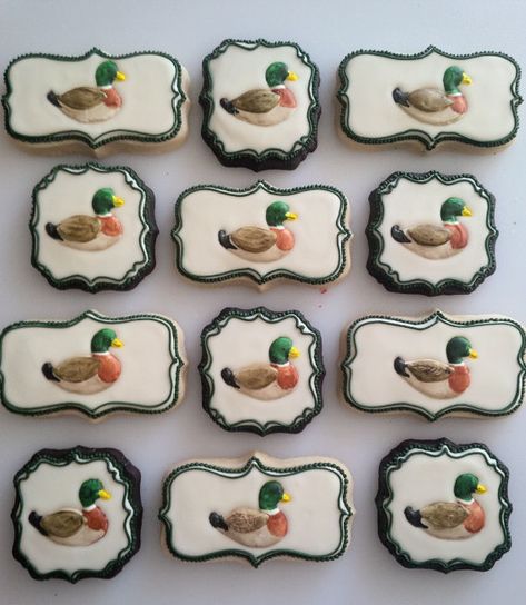 Grooms Cake Hunting, Duck Birthday Theme, Duck Cookies, Hunting Birthday, Hunting Baby, Baby Shower Duck, Duck Birthday, Animal Cookies, Lodge Decor