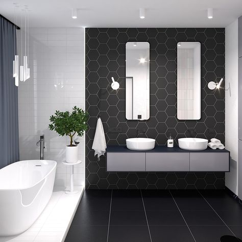 Absolute Black Extra Polished 18×18 Shiny Black Tile Bathroom, Bathroom With One Black Wall, Black Bathroom Hexagon Tile, Black Hexagon Tile Bathroom Wall, Bathroom Wall And Floor Tile Ideas, White And Black Tile Bathroom, Black N White Bathroom, Black Tile Bathroom Wall, Hexagon Tile Bathroom Wall