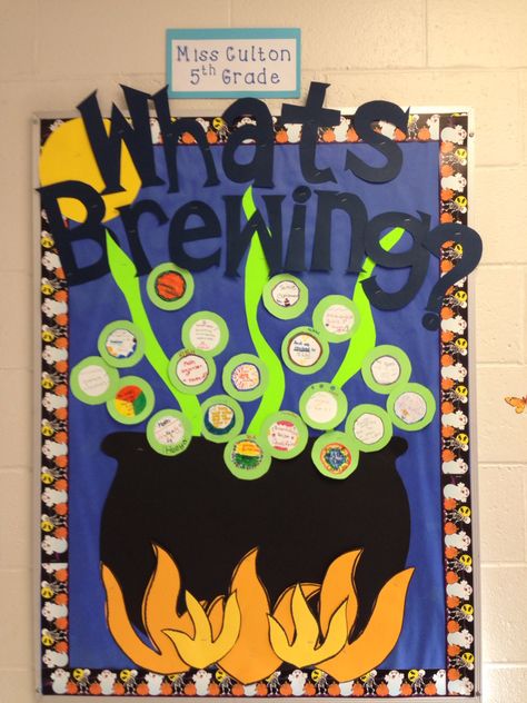 Halloween Bulletin Board. The cauldron "bubbles" are facts learned so far in 5th grade, written by the students. Halloween Science Bulletin Boards, Cauldron Bulletin Boards, Halloween Bulletin Board Ideas, Cauldron Bubbles, Stem Bulletin Boards, Toddler Bulletin Boards, Decorate Classroom, Book Bulletin Board, October Bulletin Boards