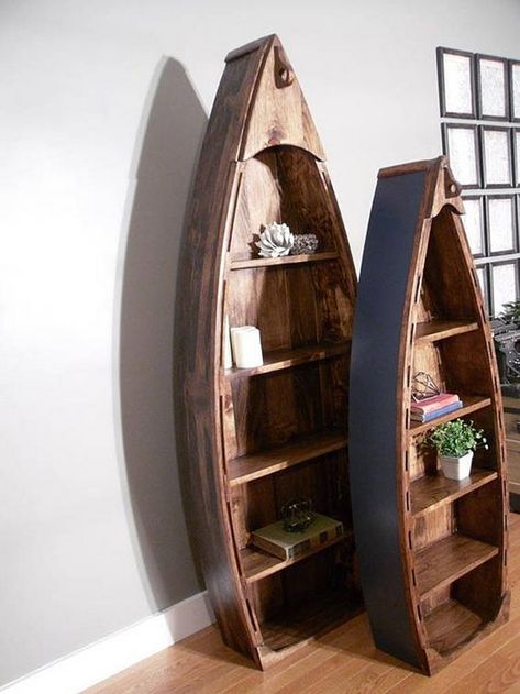 A boat bookshelf will surely be a standout piece in any room. Boat Shelf Decor, Boat Bookshelf, Boat Bookcase, Boat Shelf, Boat Diy, Bookshelf Plans, Build Your Own Boat, Wood Boats, Bookshelves Diy