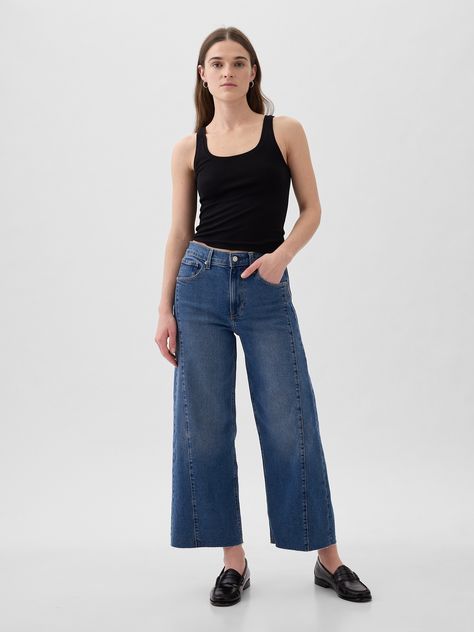 Fit: Fitted in the waist & hips with an ankle-length, relaxed wide leg.  Size down for a slimmer fit.  Fabric: 99% Regenerative Cotton, 1% Stretch.  Stretch: Low Stretch Jeans.  Our most comfortable authentic denim.  Holds you in at the hips & waist but feels easy everywhere else.  Rise: High Rise Jeans.  Look: A loose four-pocket jean in a medium wash.  Details: Zip fly, five-pocket styling, & seams at sides.  Responsibly Made: This pair of jeans is part of our water-saving Washwell program.  C Cropped Wide Leg Jeans, Jean Large, Ankle Length Jeans, Water Saving, Gap Jeans, Ankle Jeans, High Rise Jeans, Indigo Blue, Maternity Clothes