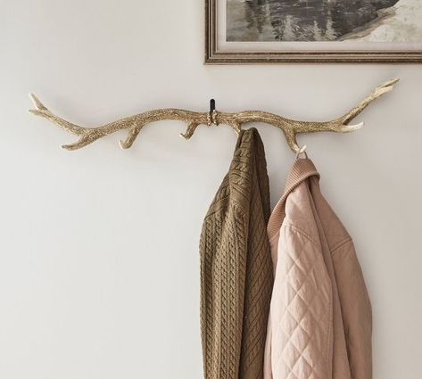 Coat Hooks & Wall Hooks | Pottery Barn Restoration Hardware Ski Lodge, Laundry Hooks Ideas, Antler Coat Hooks, Barnwood Coat Rack Wall, Archery Room Ideas, Decorative Hooks Wall, Old Fashion Decor, Antler Coat Hanger, Antler Shed Decor