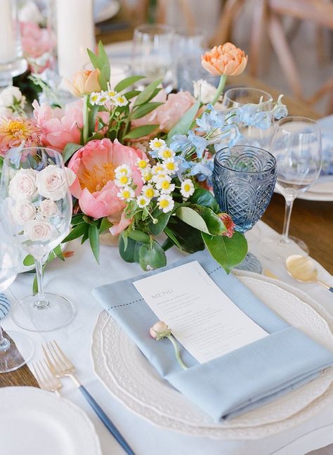 Blue And Peach Table Setting, Pastel Place Setting, Peach And Pale Blue Wedding, Wedding Table Decorations Garden, Hamptons Wedding Theme, Impressionism Wedding Theme, Mix And Match Wedding Tables, Romantic Whimsical Garden Wedding, July Outdoor Wedding Colors