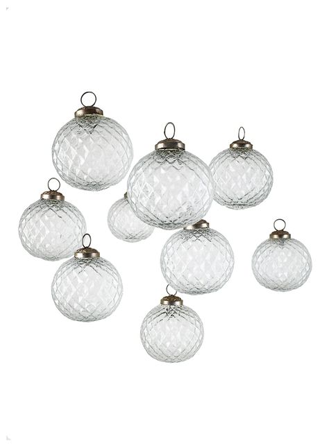 PRICES MAY VARY. UNIQUE DESIGN - This round diamond-patterned clear glass ornament pendant is made of quality glass with a metallic hook on top for ease of use. VERSATILE - Great decoration for winter-themed weddings, engagements, anniversaries, birthdays, holidays, events, and parties. Elevate the beauty of your Xmas tree with these luxurious clear glass balls. DIY TIPS - Elevate the beauty of these clear glass balls by adding some glitters or wrapping them with colorful ribbons of your choice. Clear Glass Ornaments, Glass Theme, Glass Home Decor, Wedding Themes Winter, Live Set, Glass Ball Ornaments, Glass Home, Affordable Decor, Home Decor Accents