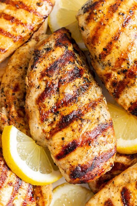 Made with kitchen staples, this grilled lemon pepper chicken recipe is perfect for a cookout. Marinaded in a combination of freshly squeezed lemon juice, lemon zest, Dijon mustard, oil, garlic powder, salt, and pepper, this lemon pepper chicken is so juicy and full of bright, tangy flavor. Grilled Lemon Garlic Chicken, Lemon Pepper Chicken Breast Recipe, Grilled Lemon Pepper Chicken, Lemon Pepper Chicken Breast, Grilled Lemon, Recipes With Chicken And Peppers, Easy Grilling Recipes, Kitchen Staples, Chicken Breast Recipe