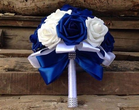 Black And Blue Wedding Bouquet, Royal Blue Wedding Theme Centerpieces, Turquoise Wedding Bouquets, Bouquets For Bridesmaids, Royal Blue Bouquet, Artificial Flower Wedding Bouquets, Quinceanera Theme, Blue Quinceanera, White Rose Wedding Bouquet