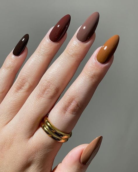 Autumn Nail Color Palette, Monochromatic Fall Nails, Fall Color Scheme Nails, Brown Skittle Nails, Autumn Style Nails, Cool Short Nails Fall, Dark Academia Nail Ideas, Fall Brown Nails With Chrome, Autumn Nail Designs Green