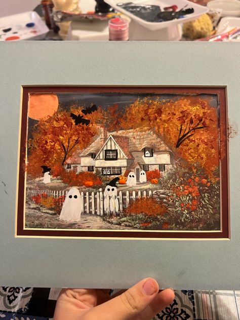 halloween ghost painting fall Upcycled Paintings Thrift Stores, Thrift Store Ghost Painting Trend, Thrifted Ghost Painting Trend, Thrifted Ghost Painting, Thrifted Halloween, Spooky Crafts, Upcycle Art, Halloween Canvas Art, Shop Painting