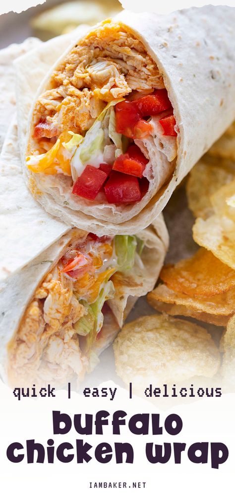 Looking for quick and easy dinner for the family? This Buffalo Chicken Wrap has all the flavors of your favorite chicken wings in a tortilla. Loaded with chicken, veggies and dressing, this wraps are fresh, simple, and tempting. Plus, it is only made from a few ingredients! Grilled Chicken Wraps, Chicken Buffalo, Braised Chicken Breast, Buffalo Chicken Wraps, Buffalo Chicken Recipes, Homemade Buffalo Sauce, Chicken Wrap Recipes, Seared Chicken Breast, I Am Baker