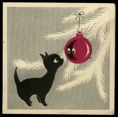 Vintage Holiday Cards, Cat Christmas Tree, Vintage Christmas Greeting Cards, Illustration Noel, A Black Cat, Cat Christmas, Christmas Past, Vintage Christmas Cards, Christmas Illustration