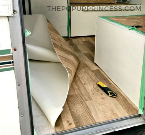 Pop Up Camper Flip, Vintage Camper Flooring, Pop Up Caravan Makeover, Folding Camper Makeover, Updating Pop Up Camper, Pop Up Camper Interior Remodel, Painting Pop Up Camper Cabinets, Pop Up Camper Floor Remodel, Pop Up Camper Flooring