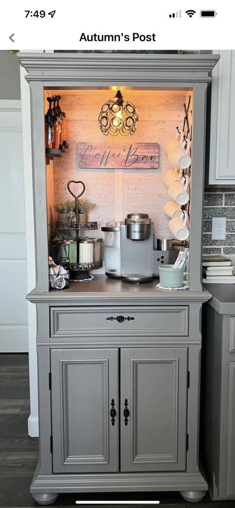 Corner Cabinet Coffee Bar Ideas, Corner Hutch Coffee Bar, Corner Cabinet Coffee Bar, Coffee Bar From Hutch, China Cabinet Coffee Bar, Bars In Kitchen, Coffee Bar Decorations, Hutch Coffee Bar, At Home Coffee Bar