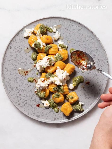 Carrot Gnocchi, Lemon Pesto Gnocchi, Gnocchi With Spring Vegetables, Lemon Ricotta Gnocchi, Pesto Cauliflower Gnocchi, Celery Root Puree, Carrot Leaf Pesto, Hot Honey Recipe, Ricotta Gnocchi