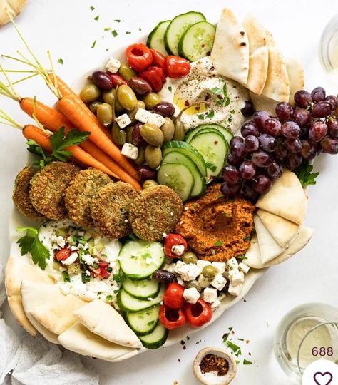 Pescatarian Mediterranean Lifestyle | VEGETARIAN MEZZE PLATTER  | Facebook Mezze Platter Ideas, Mediterranean Lifestyle, Romesco Sauce, Garlic Dip, Olive Tapenade, Whipped Feta, Tzatziki Sauce, Tapenade, Food Platters