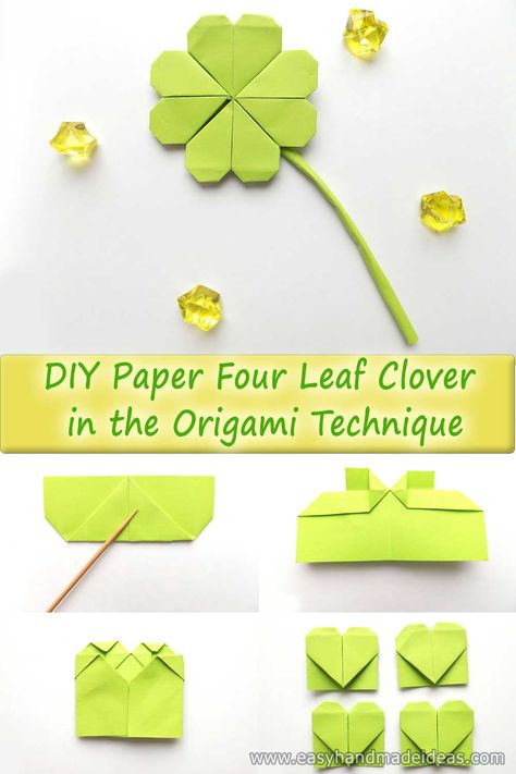 How to make paper four leaf clover in the origami technique in 15 steps. See the full step-by-step guide with photos on my website! #origami #papercrafts #diy #craft 4 Leaf Clover Origami, Four Leaf Clover Origami, Paper Origami Step By Step, Clover Origami, Flower Origami Tutorial, Leaf Origami, Affordable Wedding Ideas, Paper Flower Origami, Valentine Craft Ideas