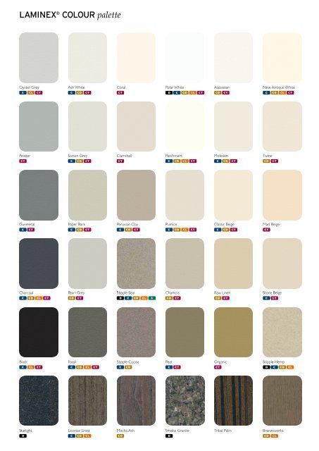 LAmINEx® COLOUR palette - Evo Portables Laminex Kitchen, Kitchen Cupboard Colours, Cupboard Colors, Melamine Cabinets, Kitchens Cabinets, Designers Home, Kitchen Benchtops, Wardrobe Door Handles, Bathroom Showrooms