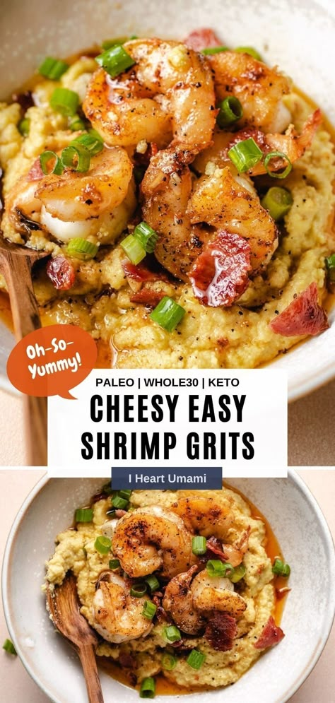 Keto Grits, Cheesy Shrimp And Grits Recipe, Cheesy Shrimp And Grits, Gfdf Recipes, Shrimp Grits Recipe, Cheesy Shrimp, Louisiana Food, Shrimp N Grits Recipe, Df Recipes