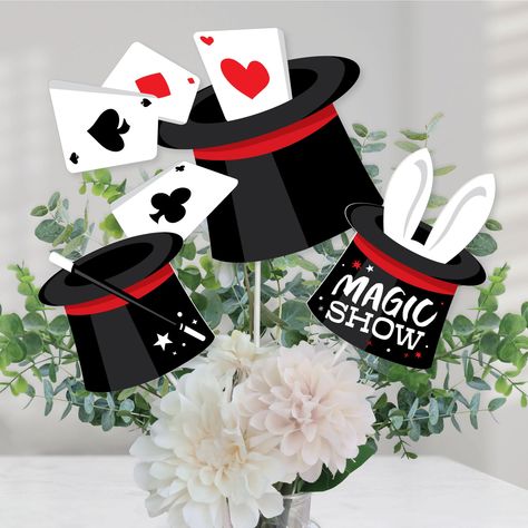 PRICES MAY VARY. Ta-Da, Magic Show Centerpiece Sticks INCLUDES 15 magic party table toppers in three different shapes, 15 table topper sticks and stickers for easy assembly. Magic party table decorations are perfect for a birthday party. Ta-Da, Magic Show Centerpiece Sticks SIZE five top hat table toppers, 10.75” wide x 8” tall; five top hat with rabbit ears table toppers, 5” wide x 7” tall; and five top hat table toppers, 5” wide x 5” tall. The unique design and variety of pieces makes this tab Family Reunion Themes, Magic Decorations, Magical Birthday Party, Magic Birthday Party, Magic Birthday, Magic Party, Magical Birthday, Birthday Party Centerpieces, Party Centerpiece