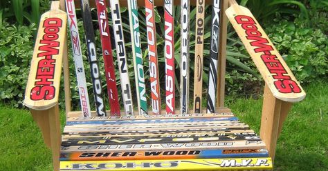 Stick Chair Diy, Hockey Stick Furniture, Hockey Stick Crafts, Stick Chair, Hockey Crafts, Hockey Room, Muskoka Chair, Chair Diy, Chair And Table