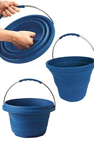 A collapsible bucket. | 25 Ingenious Products That Will Save You So Much Space Astuces Camping-car, Collapsible Bucket, Rv Organization, Camping Gadgets, Rv Hacks, Camper Life, Rv Stuff, Camping Ideas, Camping Survival