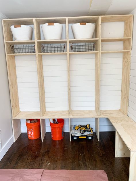 BUILDING A FUNCTIONAL MUDROOM SPACE - CLARK + ALDINE Free Standing Mudroom Bench, Entryway Cubbies With Bench Diy, Custom Mudroom Bench, Built In Mudroom Lockers, Building Mudroom Lockers, Diy Mudroom Cubbies, Diy Mudroom Lockers With Bench, Halltree Bench Entryway Diy, Diy Lockers Mudroom