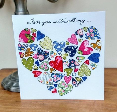 Anniversary card, Birthday card, Mothers day card, Valentine's day card (GC35) by JaneBuurmanHandmade on Etsy Free Motion Embroidery Designs, Embroidered Cards, 50th Anniversary Cards, Beautiful Hearts, Anniversary Cards Handmade, Hearts Card, Valentine Love Cards, Birthday Card Drawing, Patchwork Heart