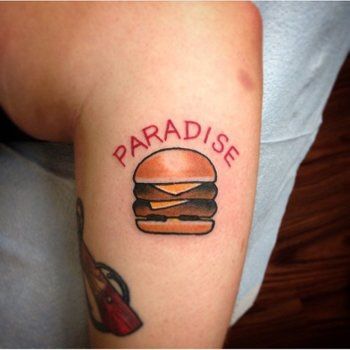 ExJW Tattoo idea - Paradise Cheeseburger Tattoo, Hamburger Tattoo, Burger Tattoo, Logan Tattoo, Hamburger Ideas, Elf Food, Ny Tattoo, Food Tattoo, Pinterest Tattoo Ideas